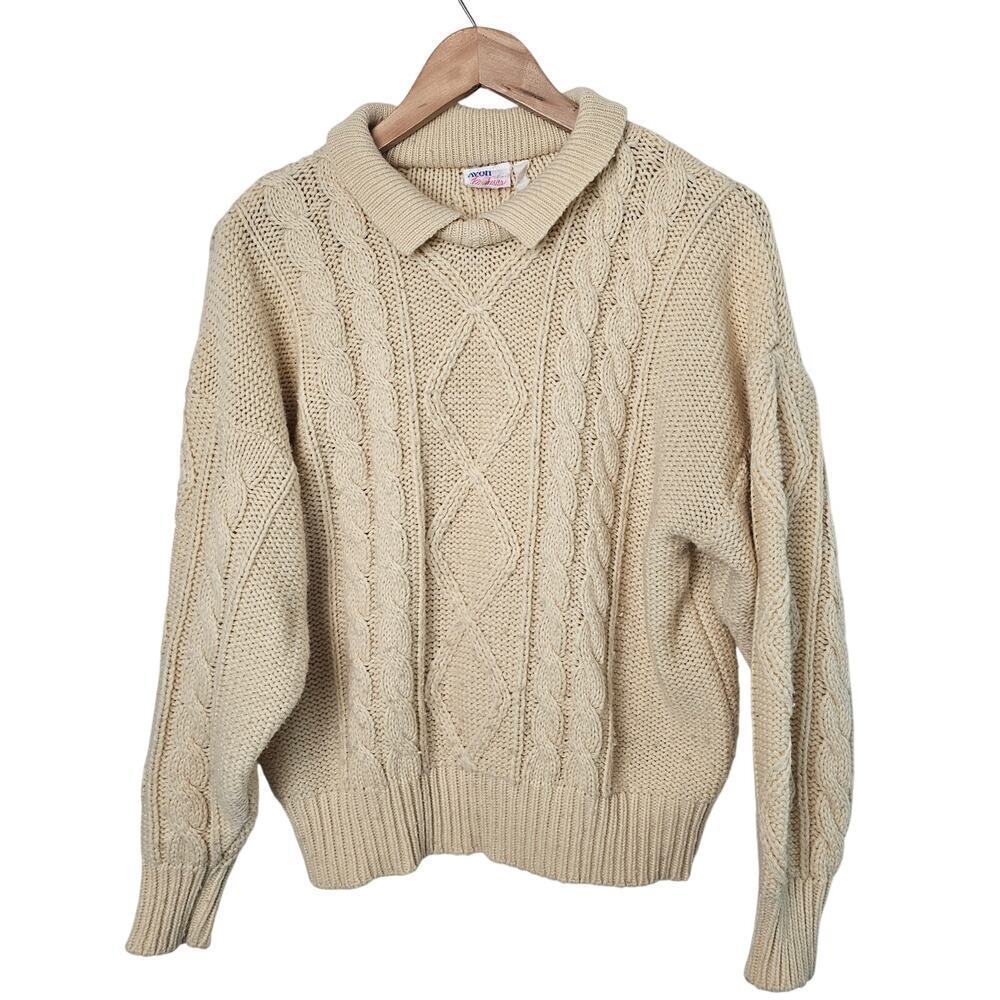 Vintage Cable Knit Sweater Womens XL 90s Tan Cottage Pullover Academia Preppy